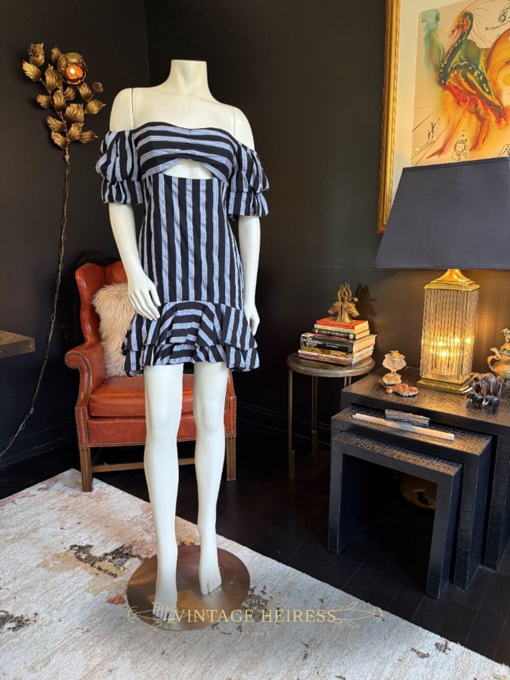 WAYV Navy & White Stripe Puff Sleeve Top & Ruffle Skirt 2-Piece Set S